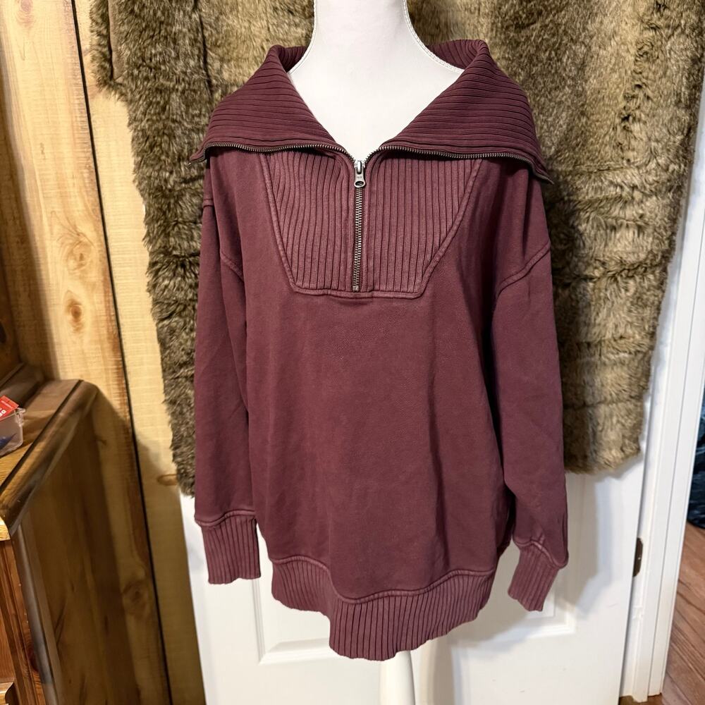 AERIE Maroon Half-Zip Ribbed Funnel Neck Oversized XS Sweatshirt